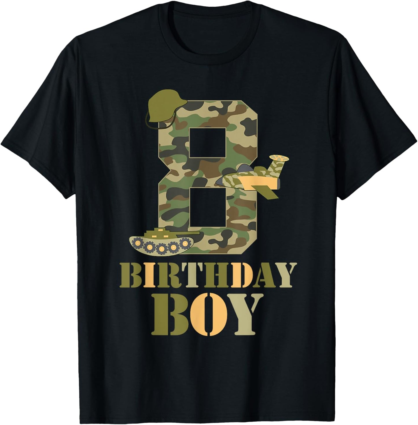 8th Birthday Military Themed Camo Boys 8 Years Old Soldier T-Shirt - T-Shirt | Black