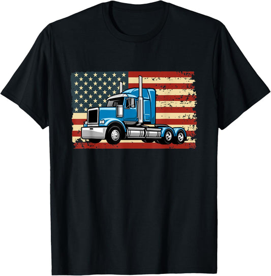 Semi Truck Driver 18 Wheeler Trucker USA American Flag T-Shirt - T-Shirt | Black