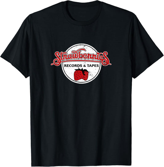 Strawberries Music Store Retro 80s Vintage Record Vinyl T-Shirt - T-Shirt | Black