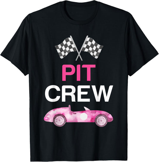 Pit Crew Costume Adult Kids Girls Boys Pink Racing Car Flag T-Shirt - T-Shirt | Black