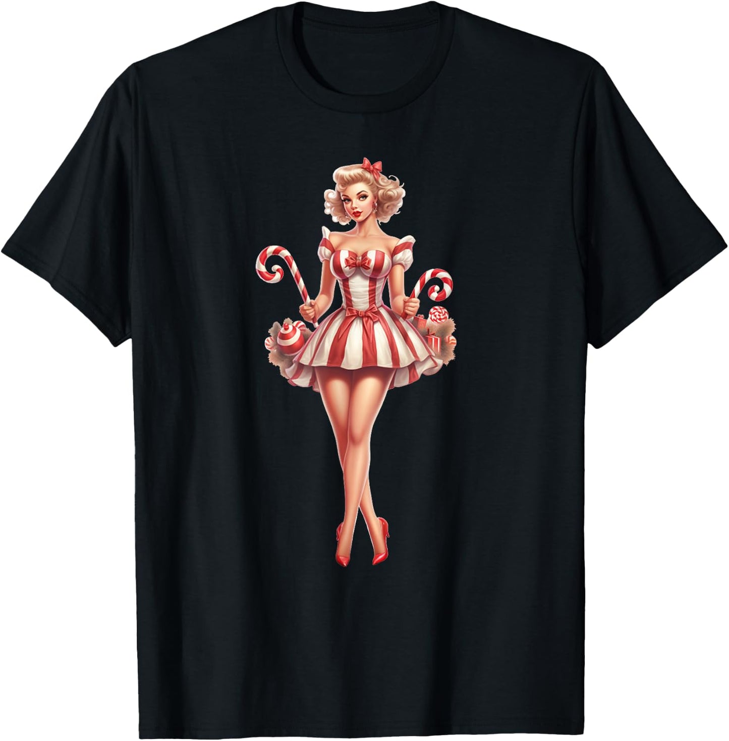 Christmas Pinup Girl With Christmas Candy T-Shirt - T-Shirt | Black