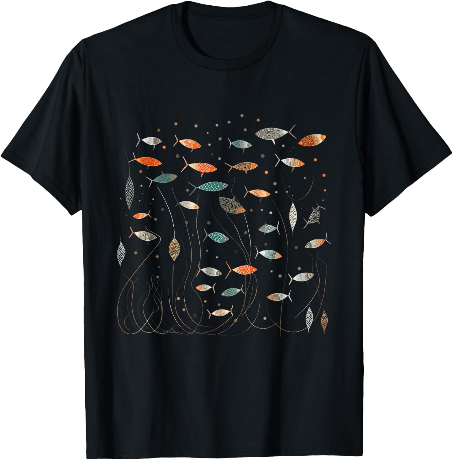 Retro School of Fish - Abstract Boho Mid Century Modern T-Shirt - T-Shirt | Black