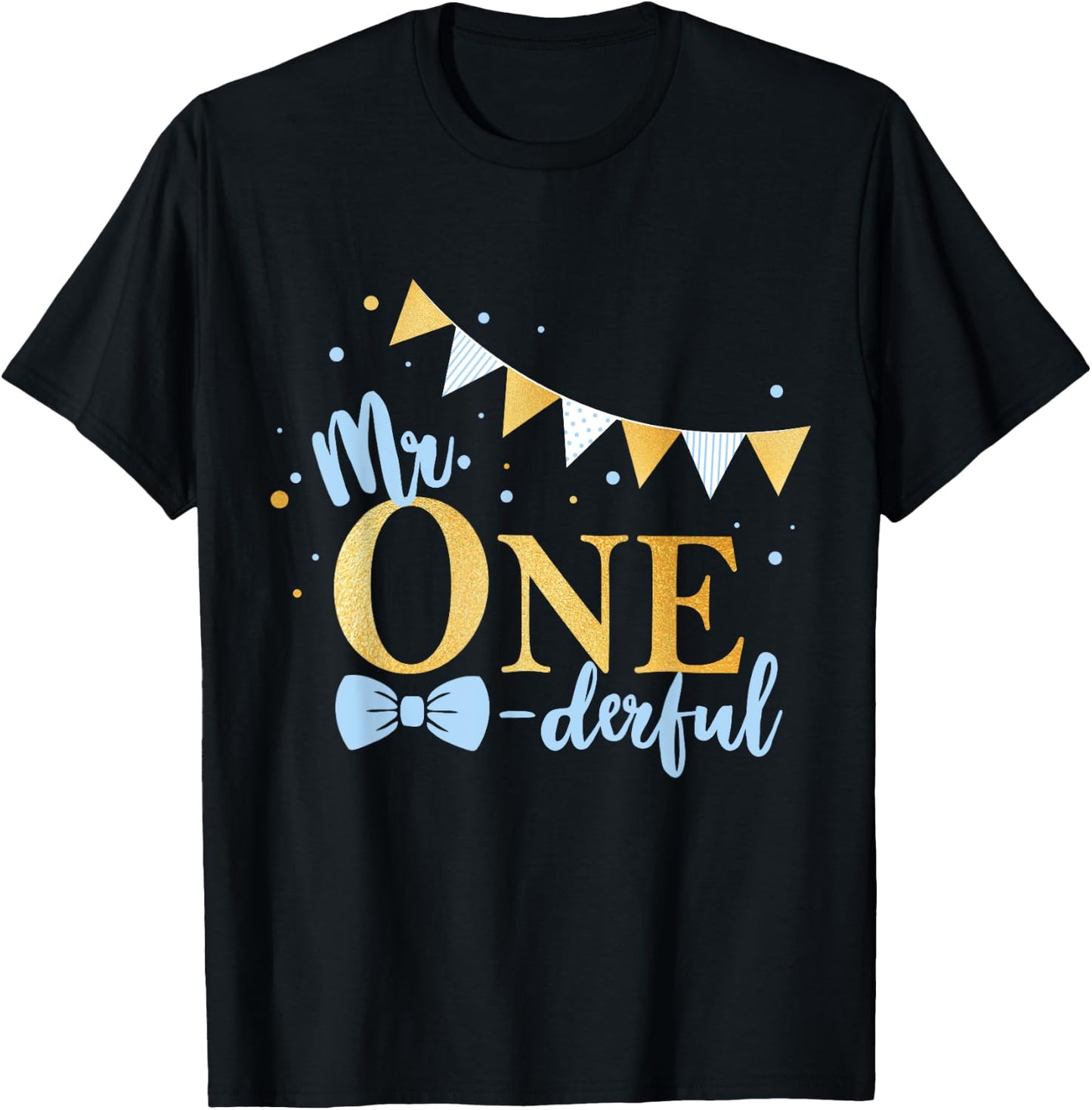 1st Birthday Blue-Gold Little Men Mr One-derful Party Kid T-Shirt - T-Shirt | Black
