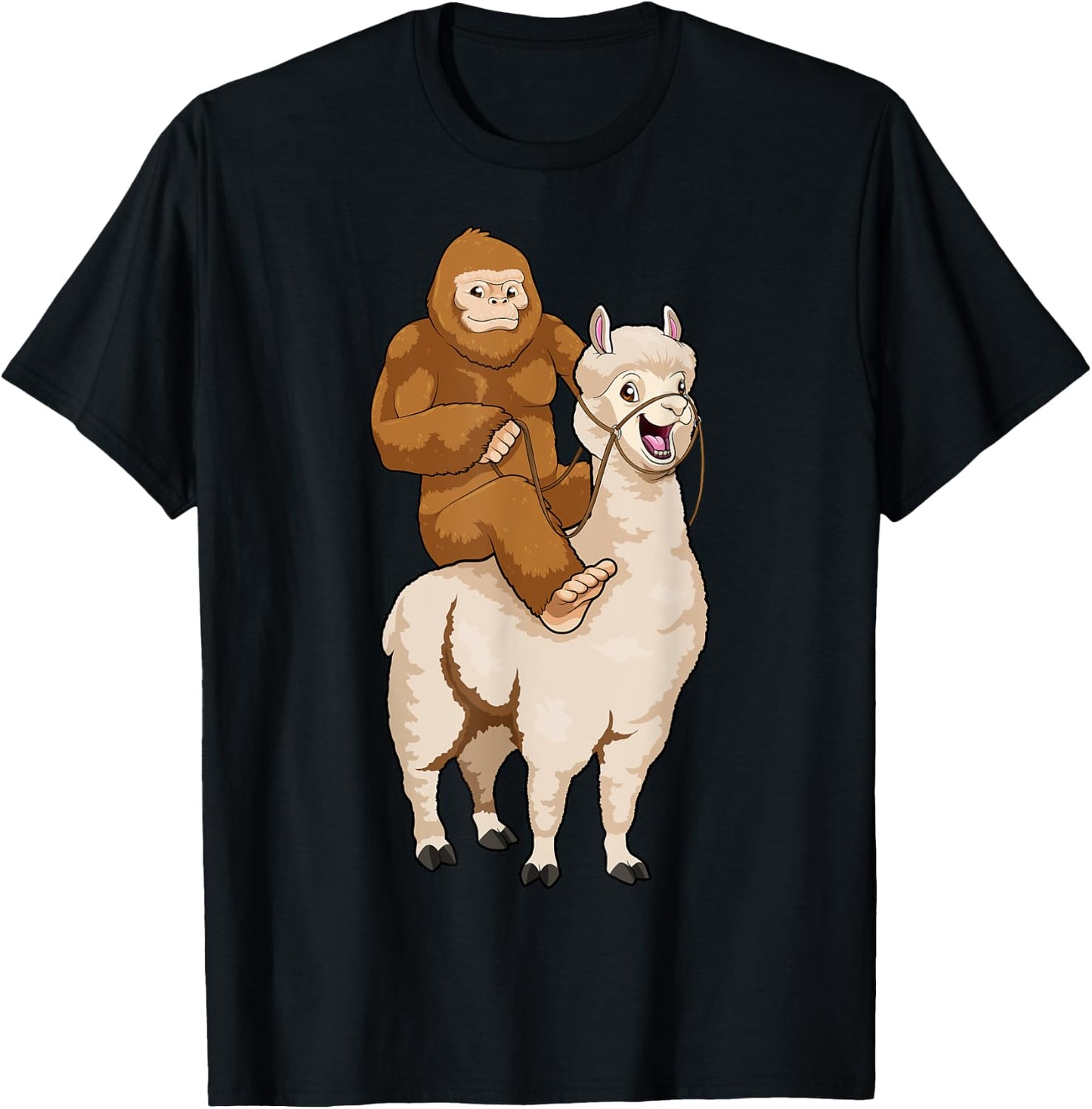 Bigfoot Riding Llama Sasquatch Cryptozoology Cryptid Farmer T-Shirt - T-Shirt | Black