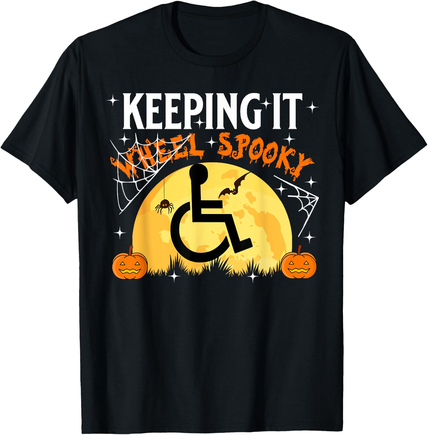 Wheelchair Halloween Disabled Spooky Moon Pumpkin Handicap T-Shirt - T-Shirt | Black