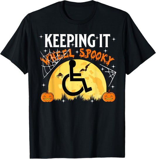 Wheelchair Halloween Disabled Spooky Moon Pumpkin Handicap T-Shirt - T-Shirt | Black
