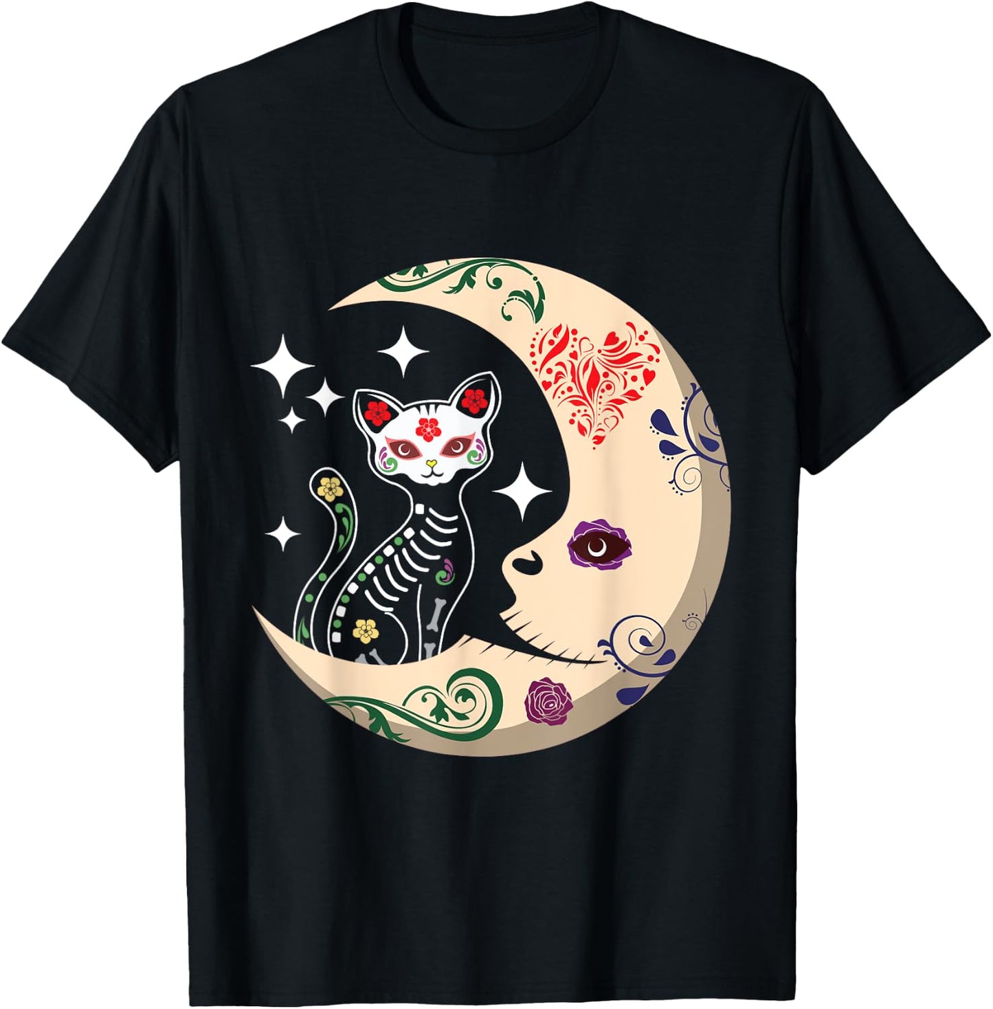 Souls Day Los Muertos Day Of Dead Sugar Cat Moon Floral T-Shirt - T-Shirt | Black