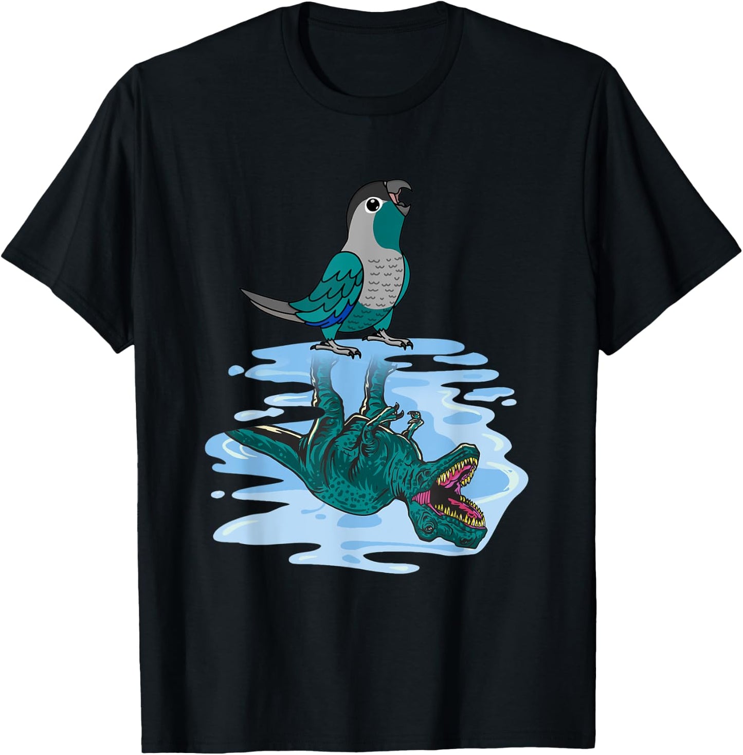 Parrot & T Rex Reflection I Turquoise Green Cheek Conure T-Shirt - T-Shirt | Black