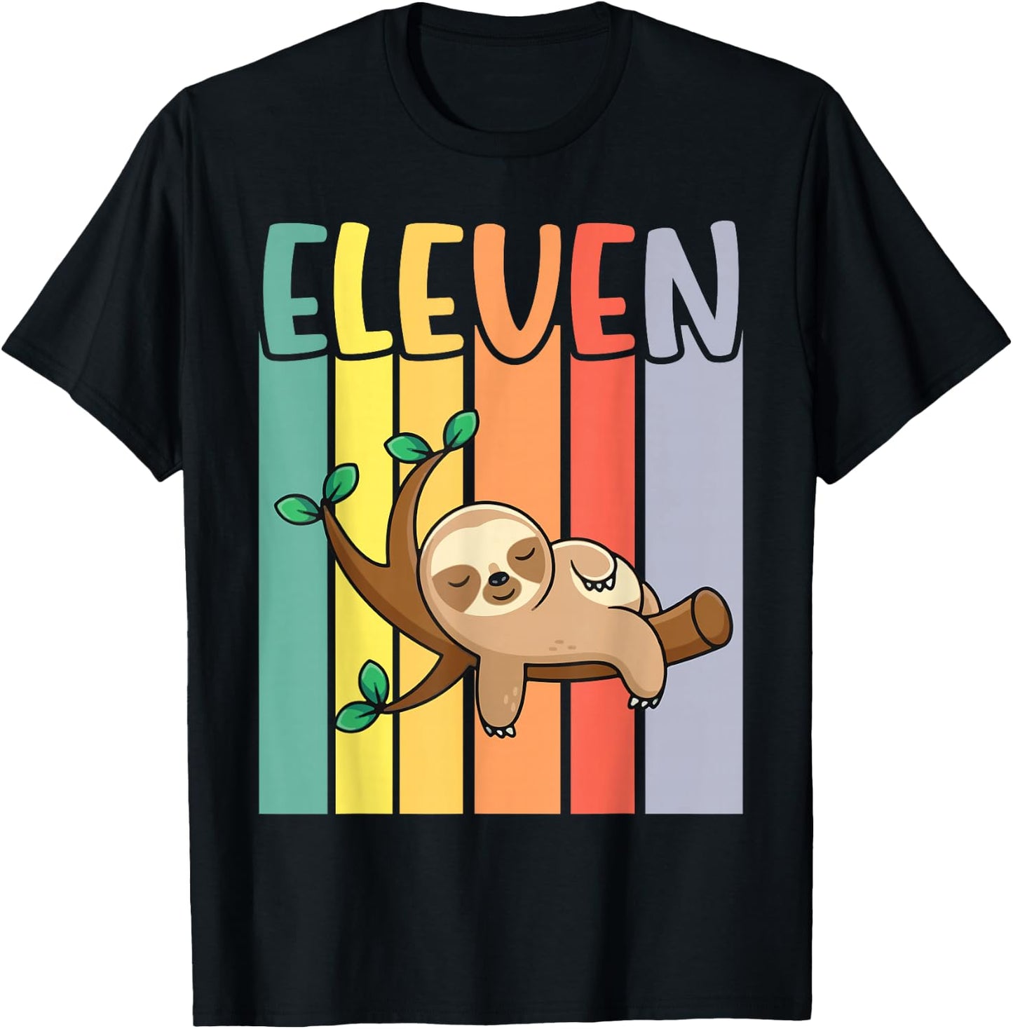 Sloth Sleeping On Tree Happy My Birthday Eleven 11 Years Old T-Shirt - T-Shirt | Black