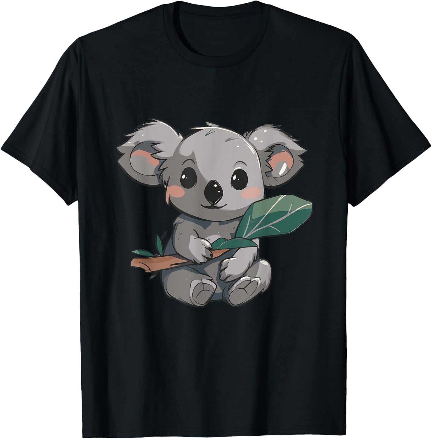 Cute Kawaii Koala Holding Eucalyptus Leaf Japanese Anime T-Shirt - T-Shirt | Black