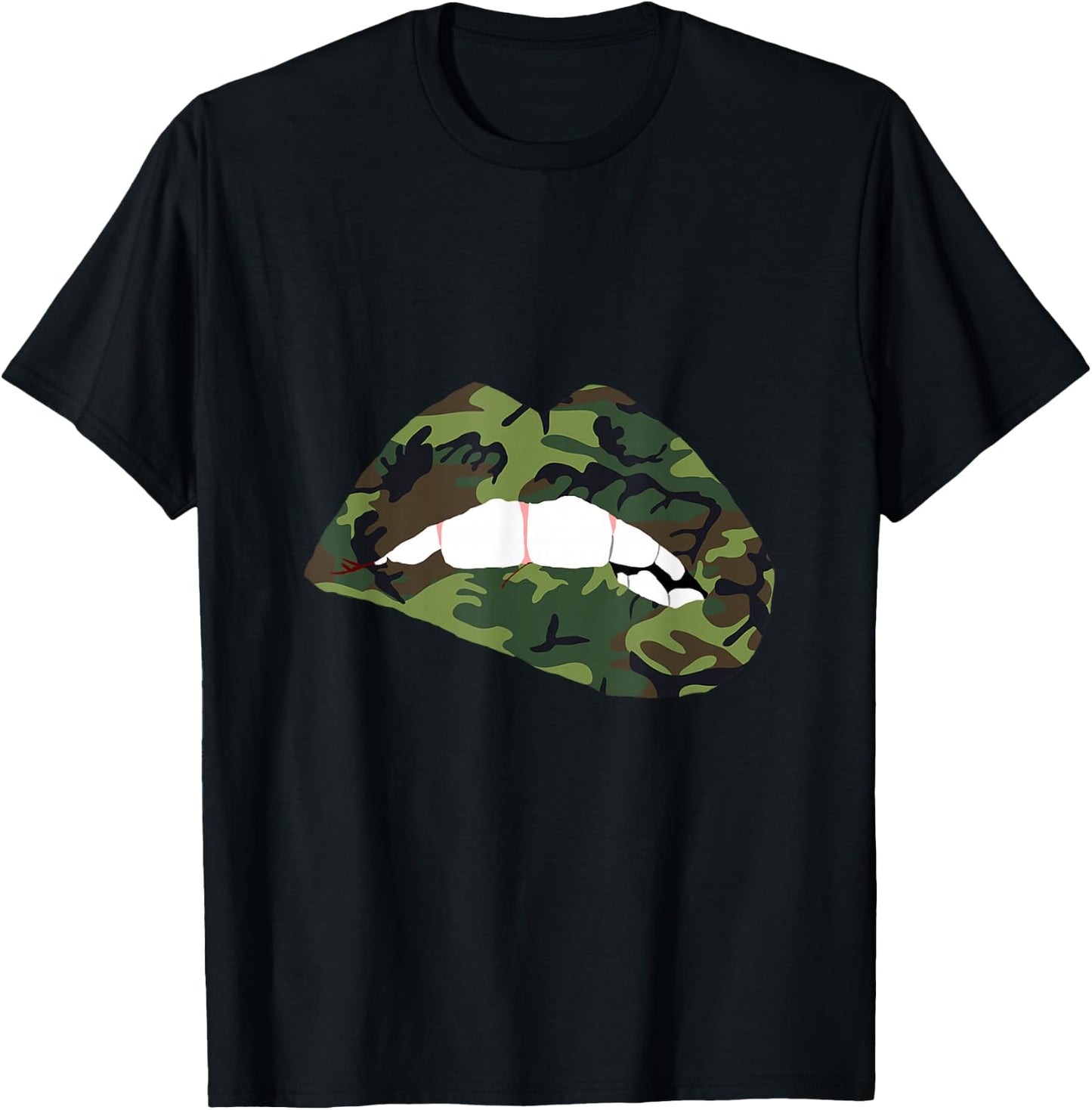 Camouflage Lips Camo Lipstick Kiss Mouth Army T-Shirt - T-Shirt | Black