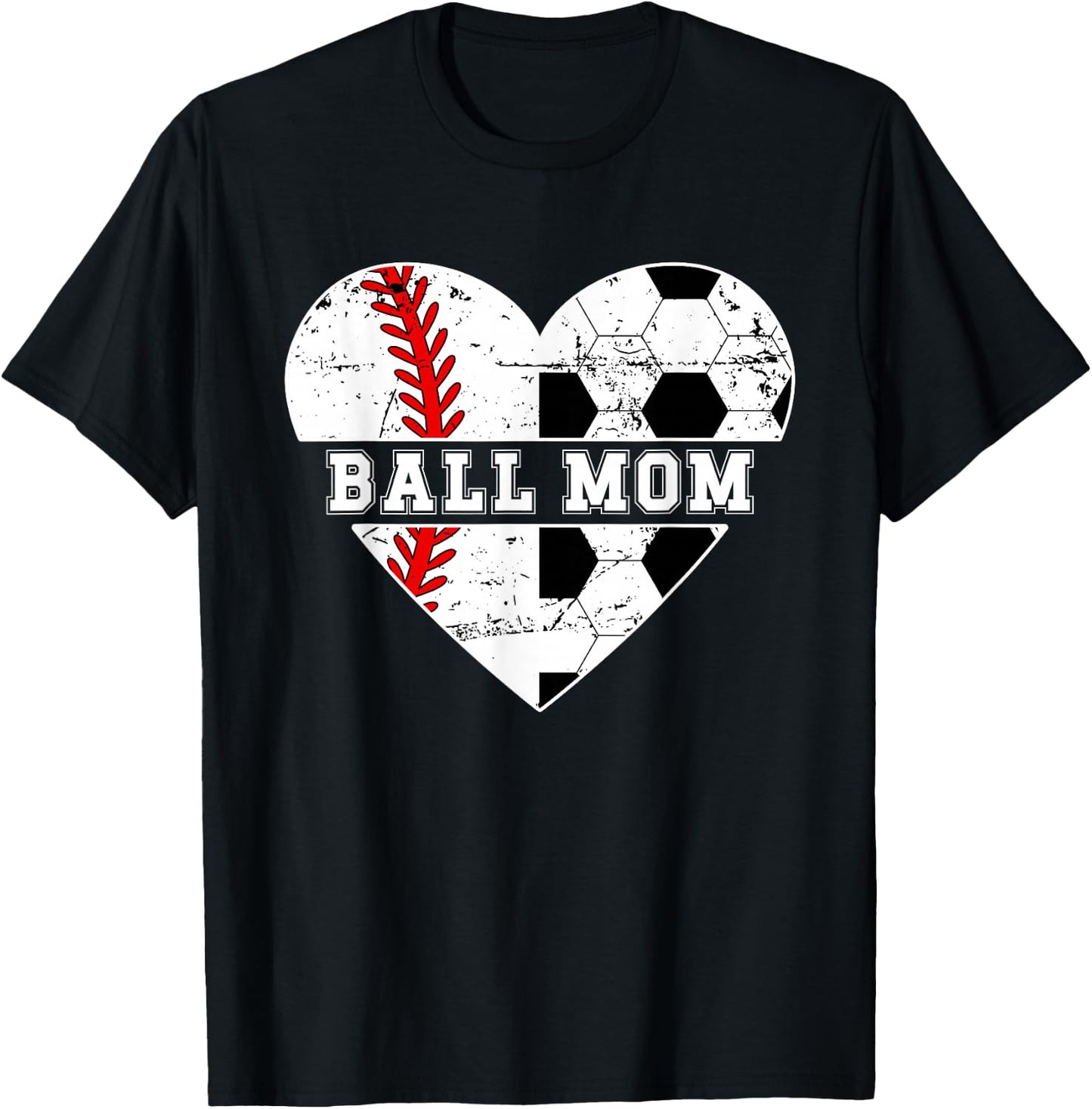 Ball Mom Heart Soccer Baseball Mom Soccer Baseball Mama T-Shirt - T-Shirt | Black