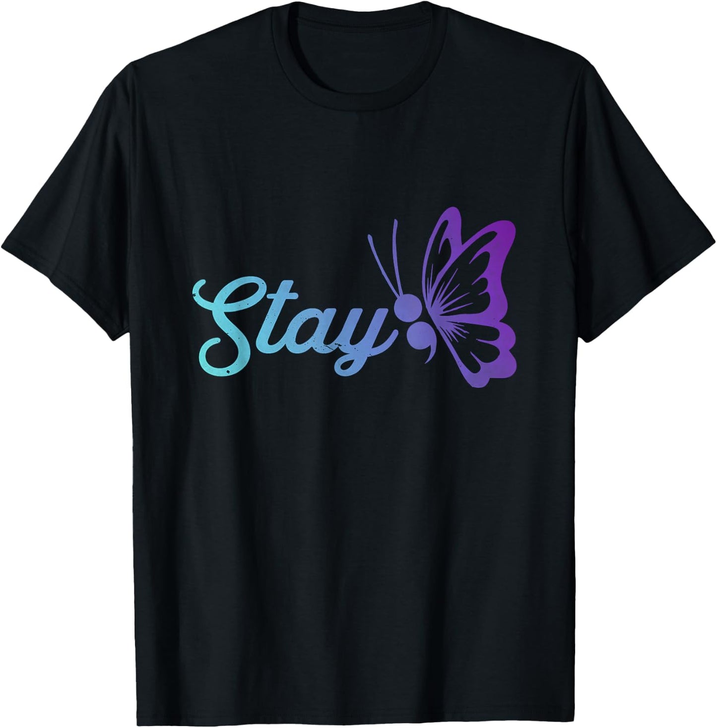 Stay Suicide Prevention Awareness Teal and Purple Butterfly T-Shirt - T-Shirt | Black