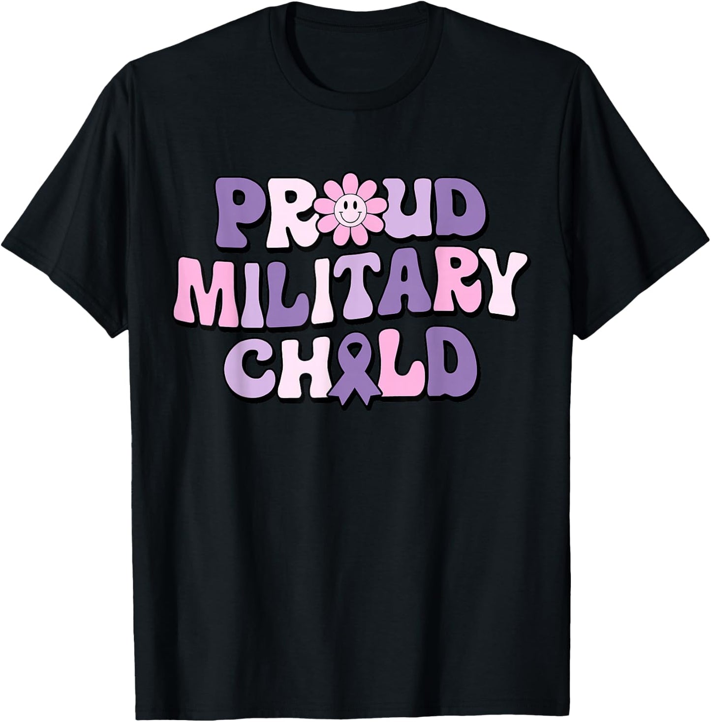 Proud Military Child Groovy Purple Up for Military Kids T-Shirt - T-Shirt | Black