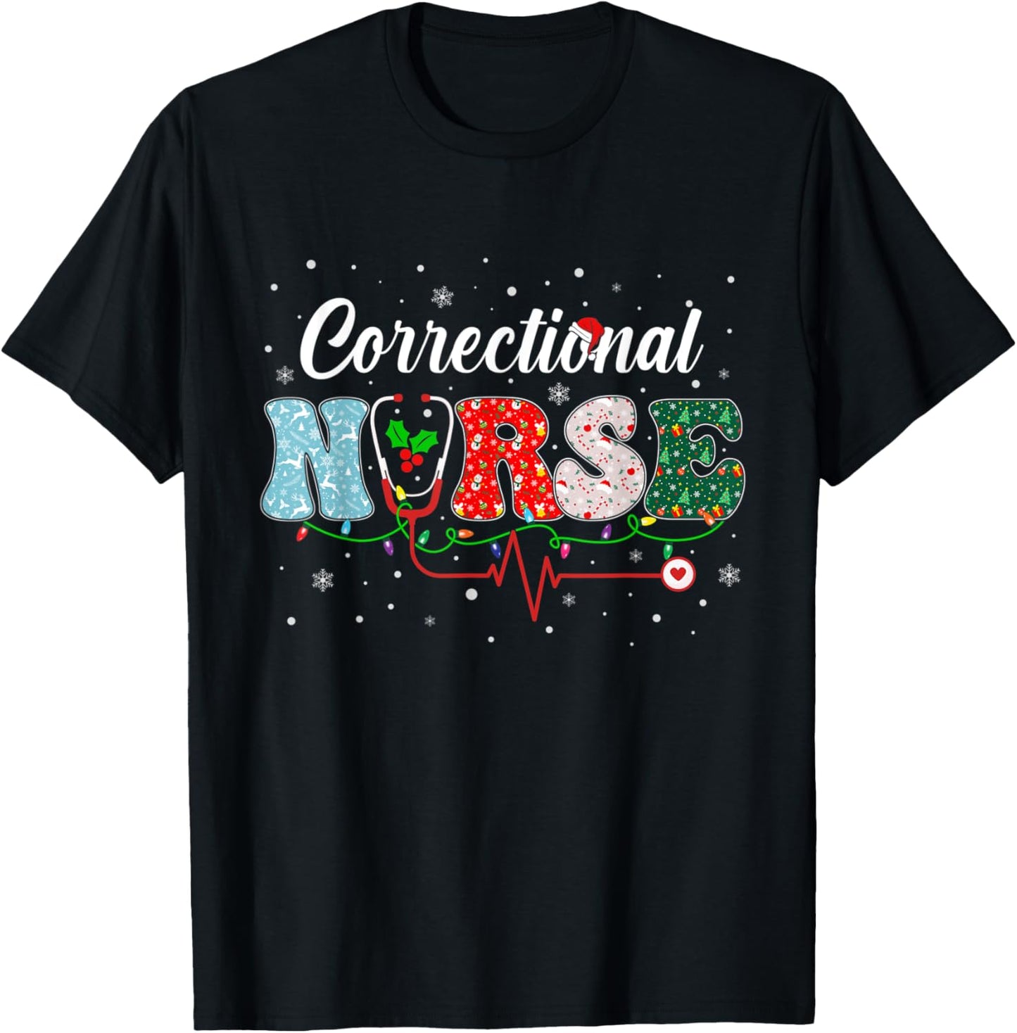 Correctional Nurse Xmas Santa Hat Nursing Christmas Pattern T-Shirt - T-Shirt | Black