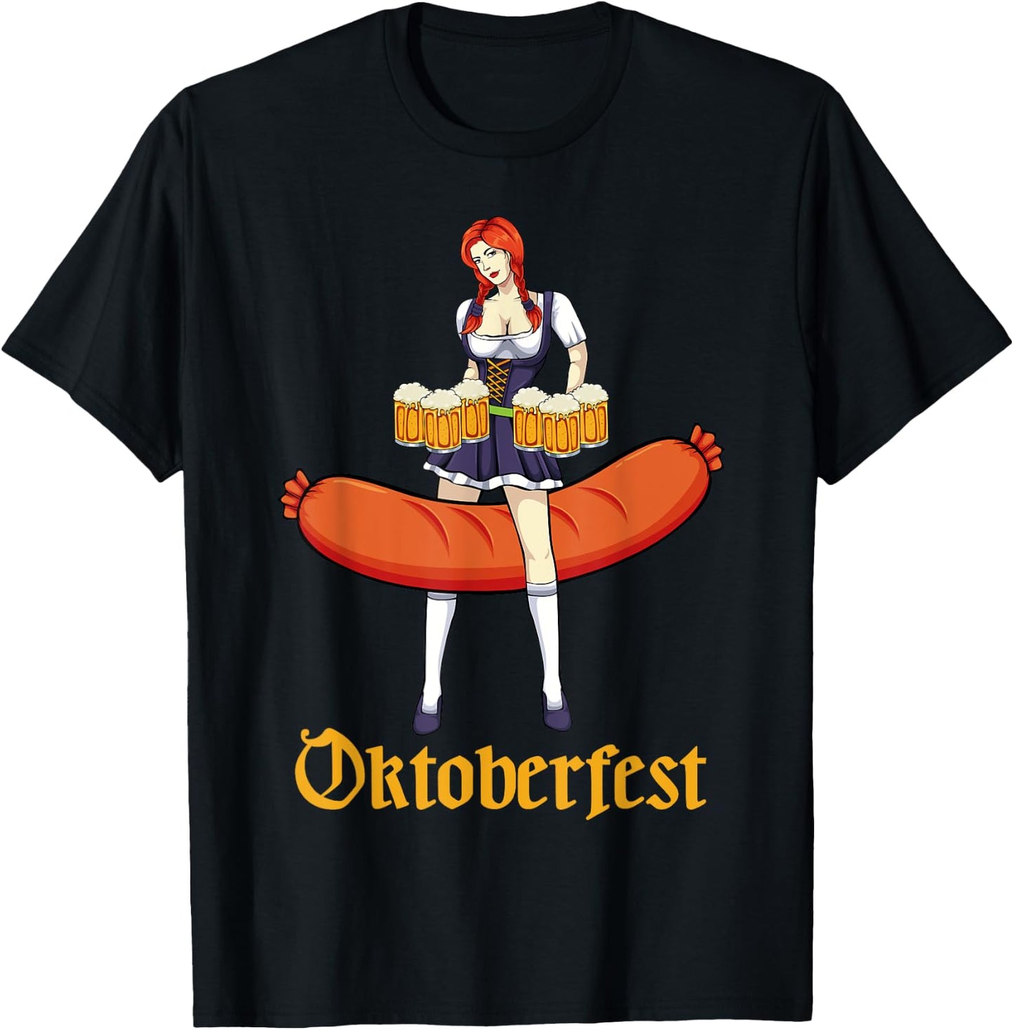 Barmaid Oktoberfest Cute German Woman Dirndl Bratwurst Beer T-Shirt - T-Shirt | Black