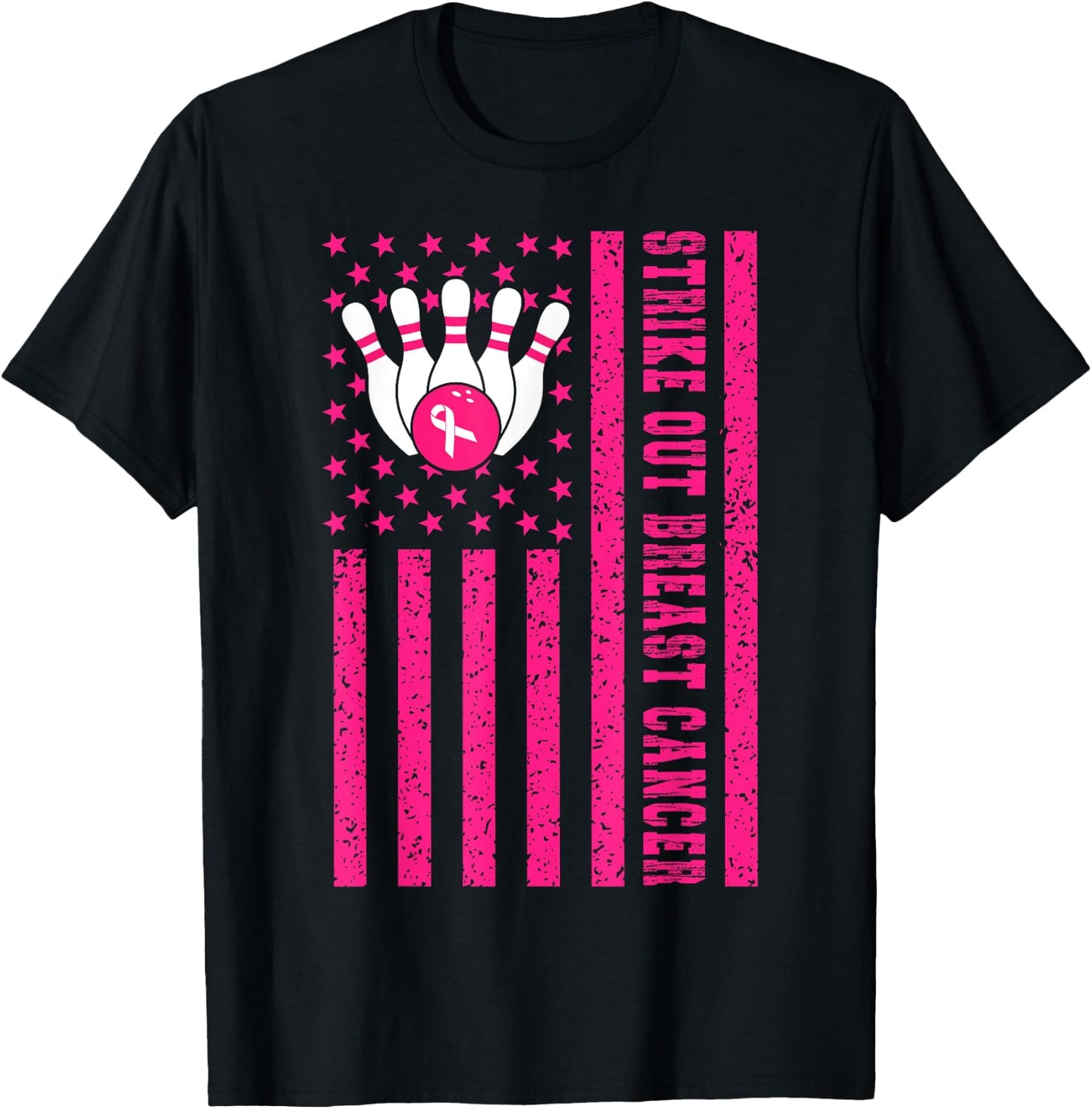 Strike Out Bowling Ribbon USA Flag Breast Cancer Awareness T-Shirt - T-Shirt | Black
