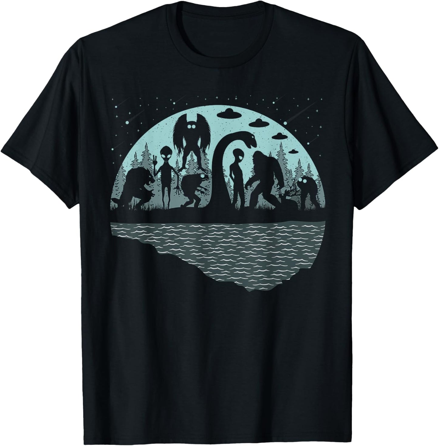Bigfoot Loch Ness Monster Mothman And Aliens! Funny Cryptid T-Shirt - T-Shirt | Black