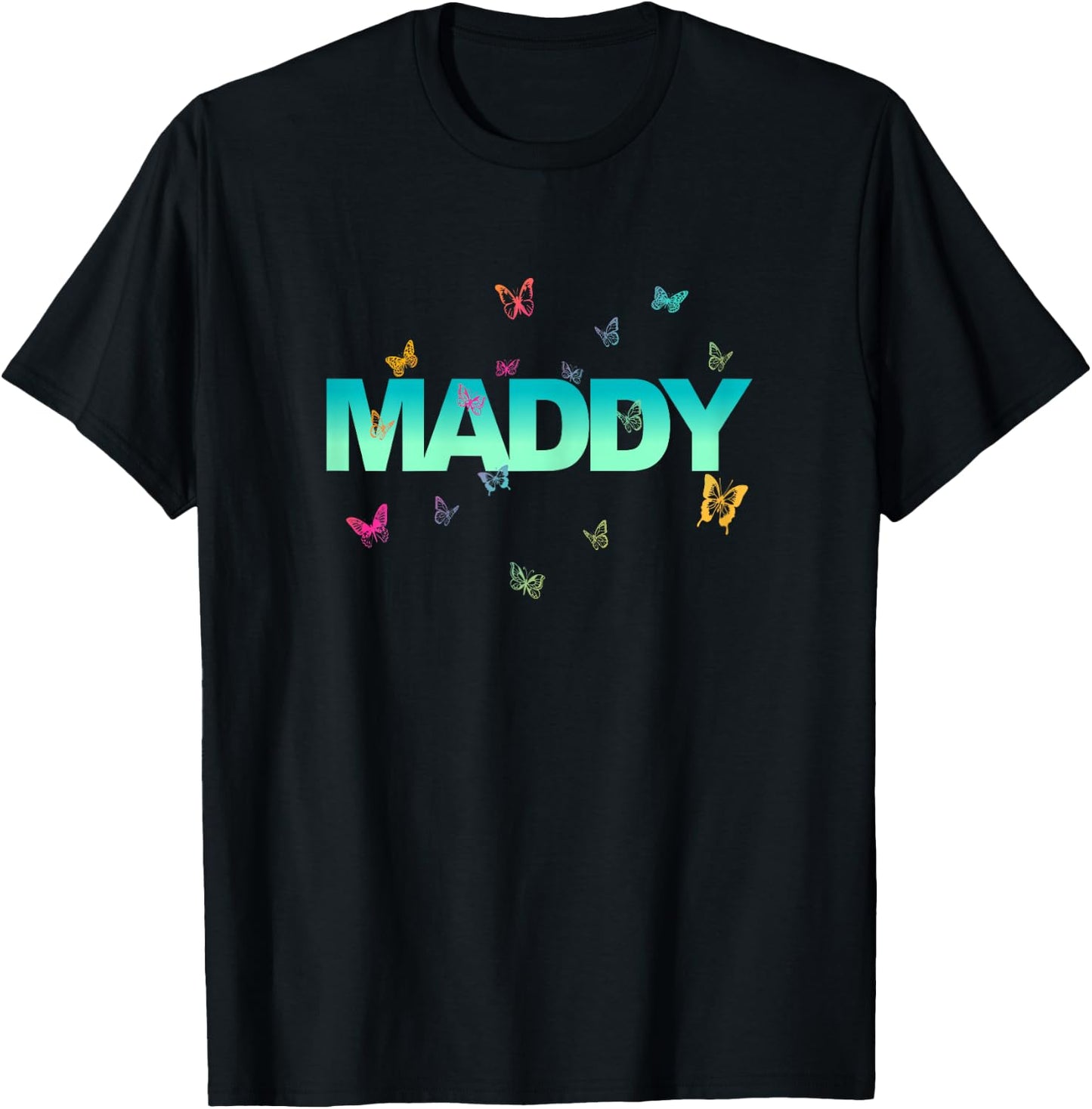 Maddy - Beautiful Name with Colourful Butterflies T-Shirt - T-Shirt | Black