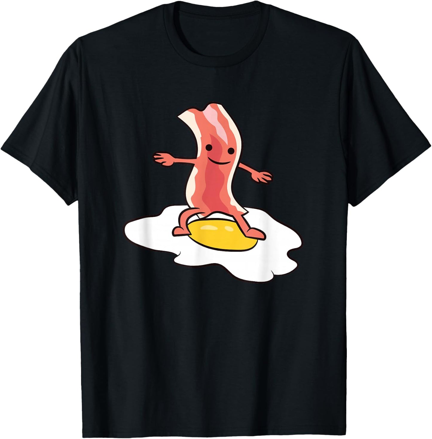 Kawaii Bacon Surfing On Fried Egg Breakfast Egg and Bacon T-Shirt - T-Shirt | Black