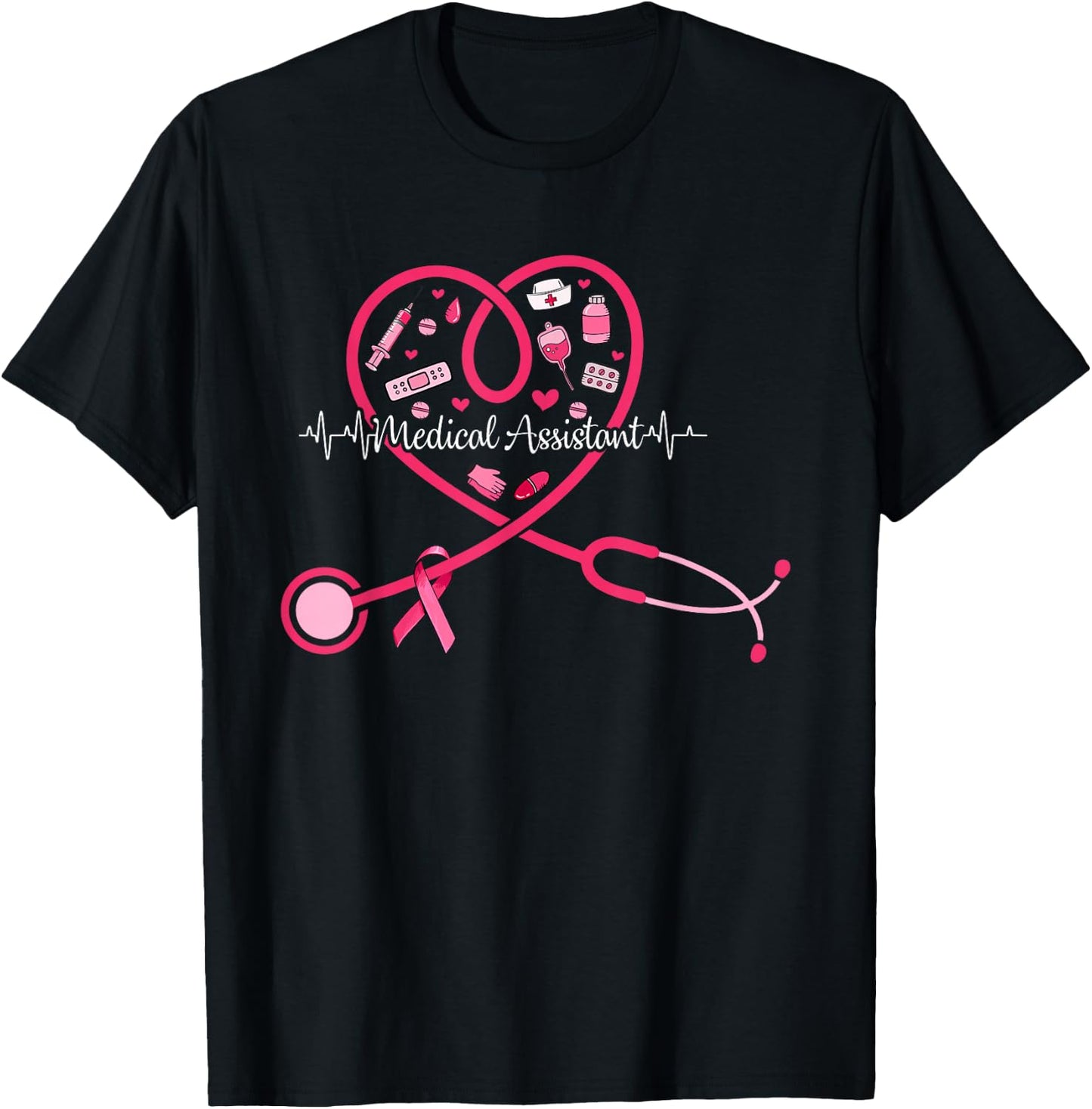 Medical Assistant Pink Stethoscope Heart Pink Breast Cancer T-Shirt - T-Shirt | Black
