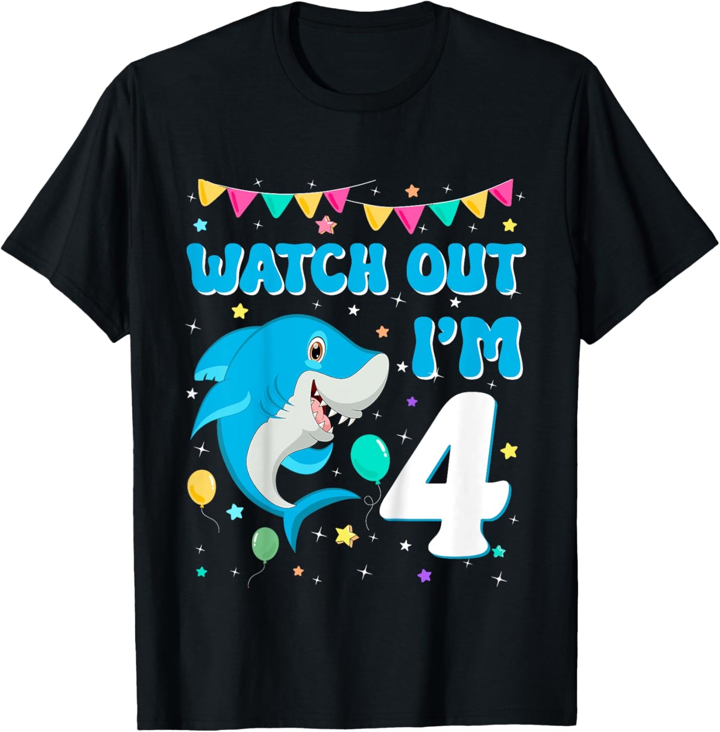Kids Watch Out Shark I'm 4 Years Old Birthday Boy Back to School T-Shirt - T-Shirt | Black