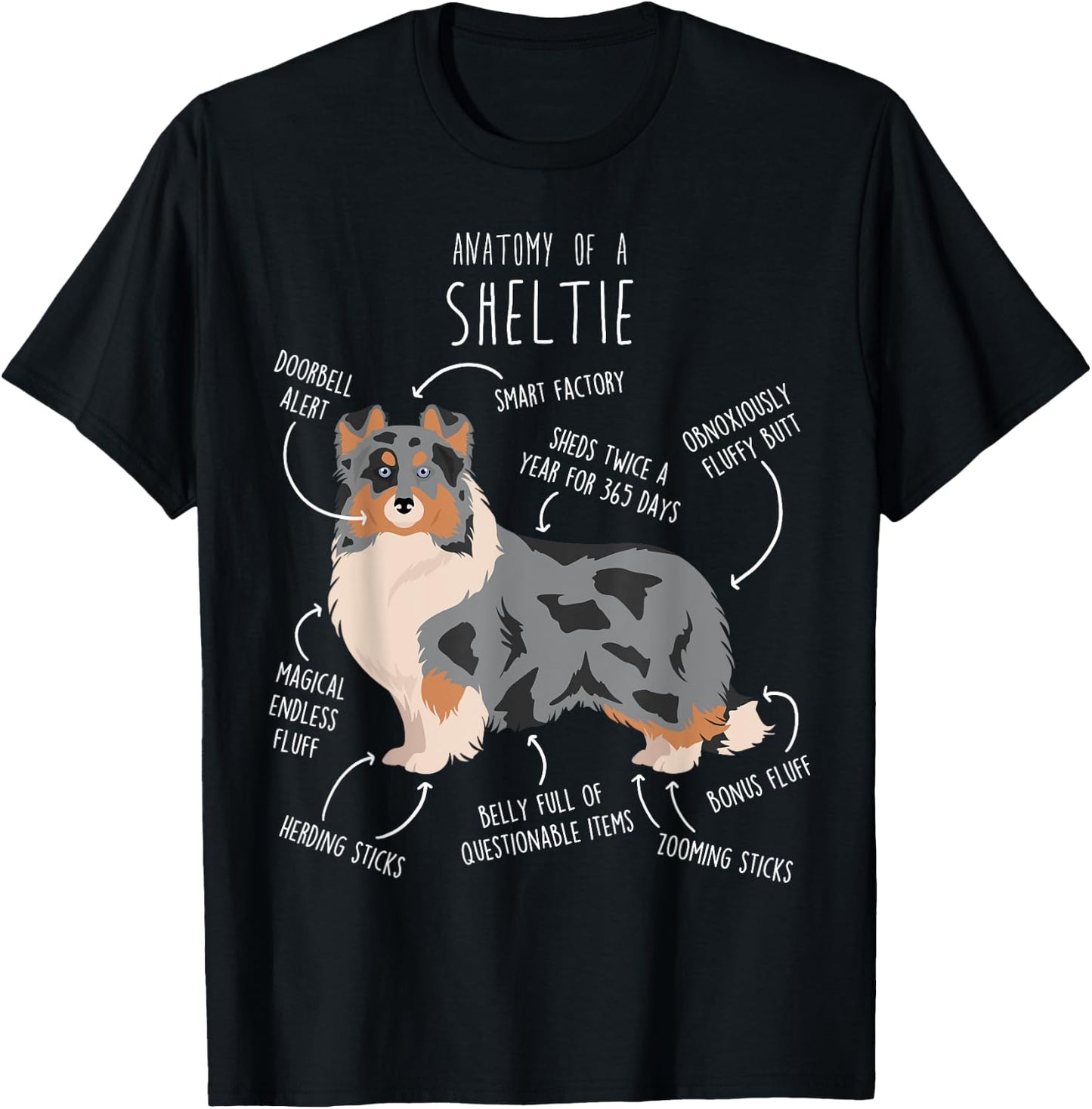 Blue Merle Sheltie Shetland Sheepdog Anatomy, Funny Cute Dog T-Shirt - T-Shirt | Black