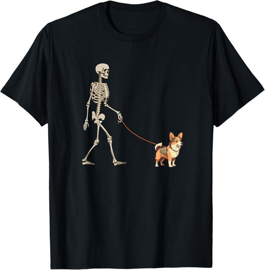 Funny Tri Color Corgi Skeleton Dog Walking Halloween Dog T-Shirt - T-Shirt | Black