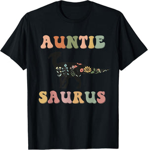 Auntiesaurus Dinosaur Auntie Saurus Family Matching Flower T-Shirt - T-Shirt | Black