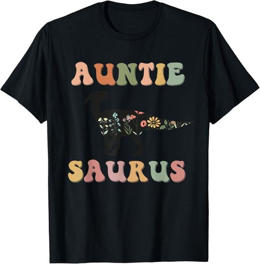 Auntiesaurus Dinosaur Auntie Saurus Family Matching Flower T-Shirt - T-Shirt | Black