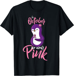 In October We Wear Pink Fight Breast Cancer Ribbon Penguin T-Shirt - T-Shirt | Black
