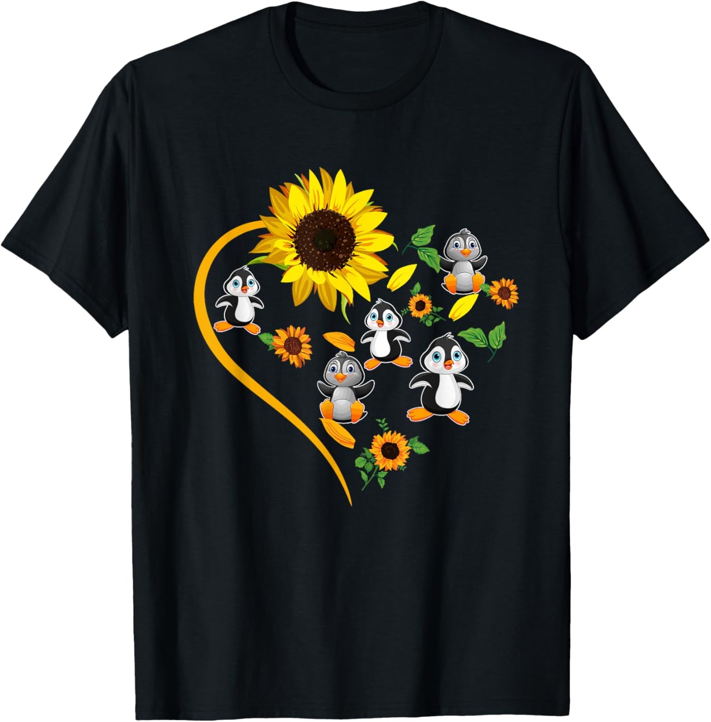 Sunflowers Penguins Cute Heart Shape Matching Bird Lover T-Shirt - T-Shirt | Black
