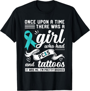 Funny Badass With Tattoo and PCOS Chronic Illness Awareness T-Shirt - T-Shirt | Black