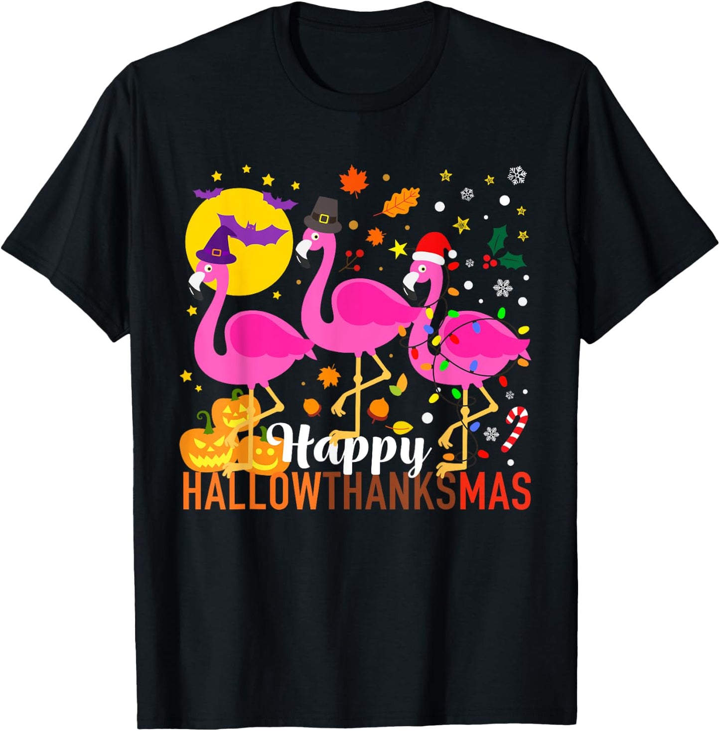Halloween Thanksgiving Christmas Happy HallowThanksMas T-Shirt - T-Shirt | Black