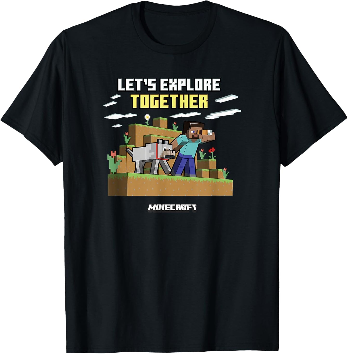 Minecraft Valentine's Day Let's Explore Together Steve Wolf T-Shirt - T-Shirt | Black