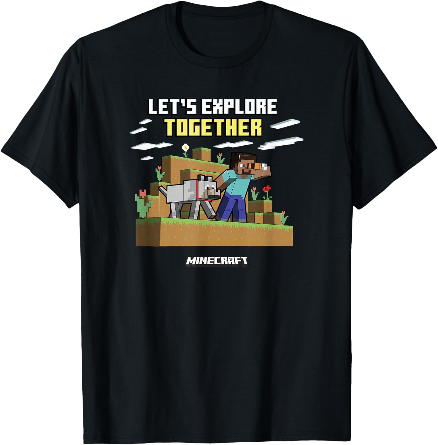 Minecraft Valentine's Day Let's Explore Together Steve Wolf T-Shirt - T-Shirt | Black