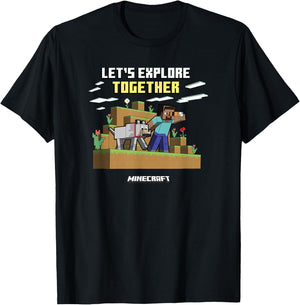 Minecraft Valentine's Day Let's Explore Together Steve Wolf T-Shirt - T-Shirt | Black