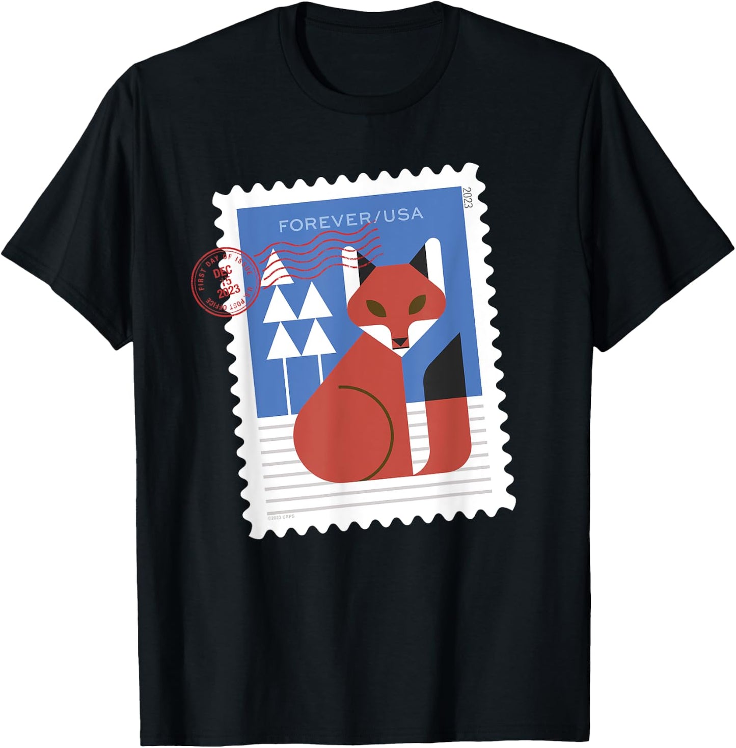 USPS Winter Woodland Animals - Fox Stamp T-Shirt - T-Shirt | Black