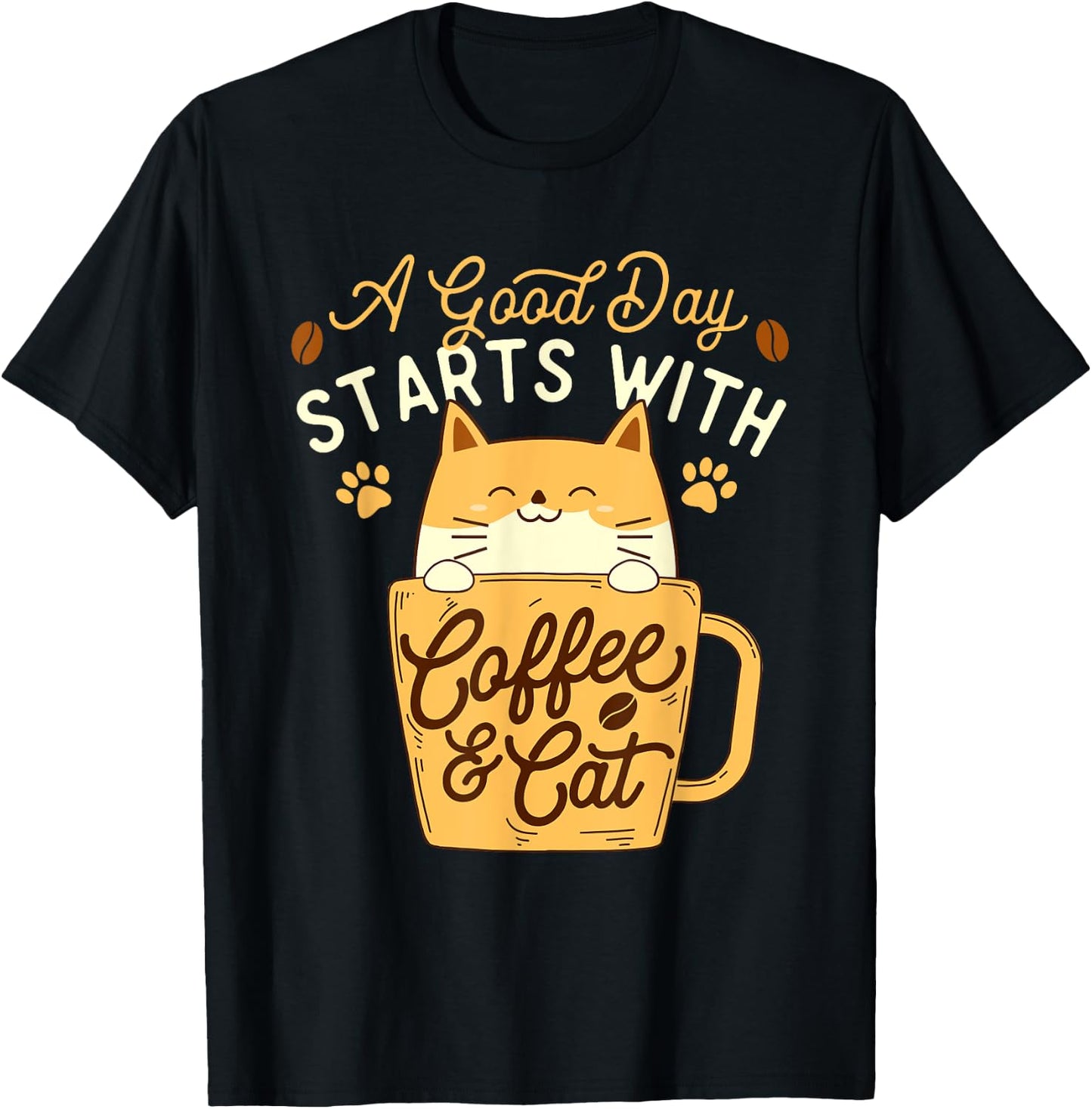 A Good Day Starts With Coffee & Cat - Pet Lover Veterinarian T-Shirt - T-Shirt | Black