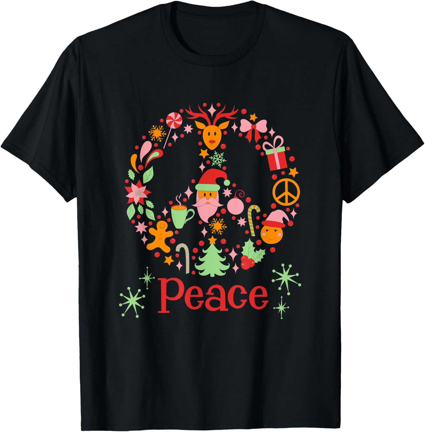 Christmas Peace Sign Retro Vintage Vibes MCM Cute Graphic T-Shirt - T-Shirt | Black