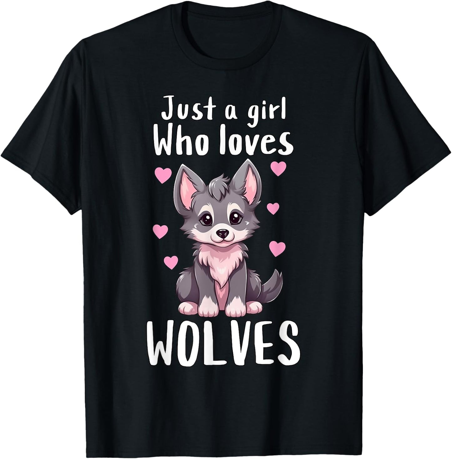 Just A Girl Who Loves Wolves - Cute Grey & Pink Baby Wolf T-Shirt - T-Shirt | Black