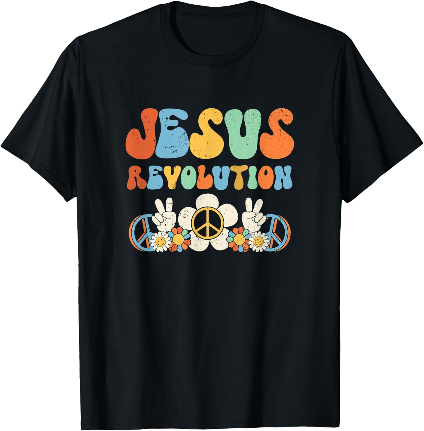 Jesus Revolution Faith Groovy Flower Peace Sign Christian T-Shirt - T-Shirt | Black