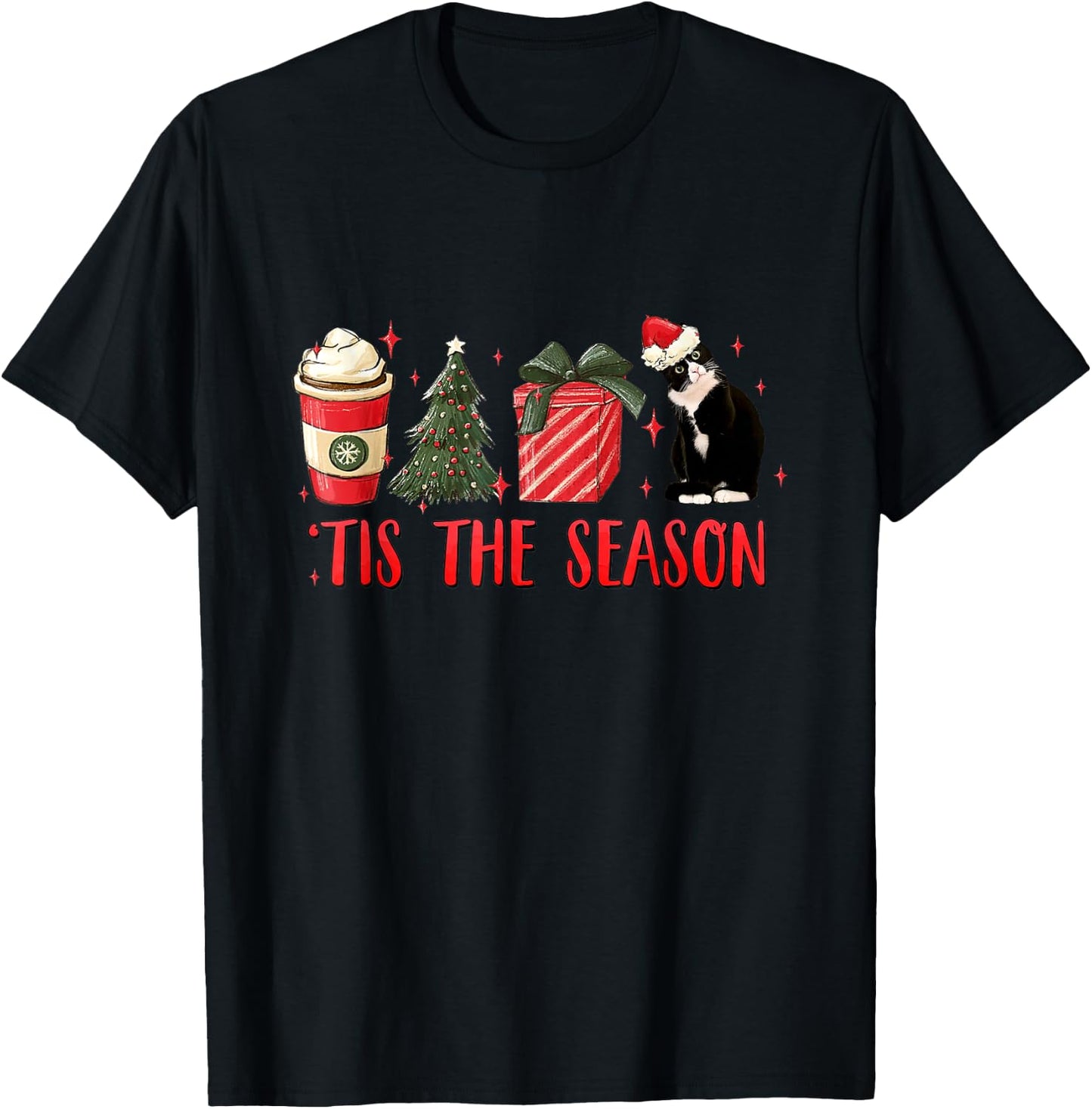 Tis The Season Christmas Tree Coffee Tuxedo Cat Santa Hat Women Kids T-Shirt - T-Shirt | Black