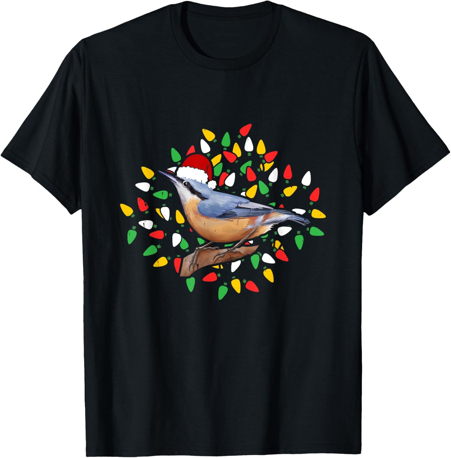 Holiday Xmas Lighting Santa Hat Red Breasted Nuthatch Bird T-Shirt - T-Shirt | Black