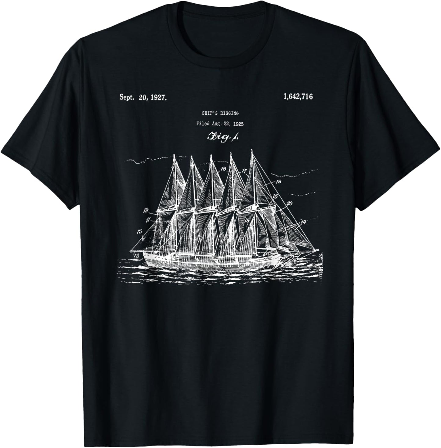Vintage Ship Rigging Blueprint Shirt - Old Ocean Sailboat T-Shirt - T-Shirt | Black