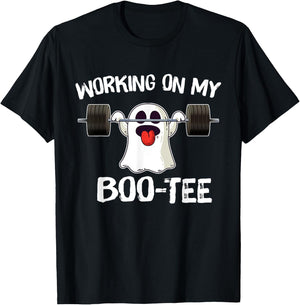Working On My Booty Boo Funny Halloween Gym Ghost Pun T-Shirt - T-Shirt | Black