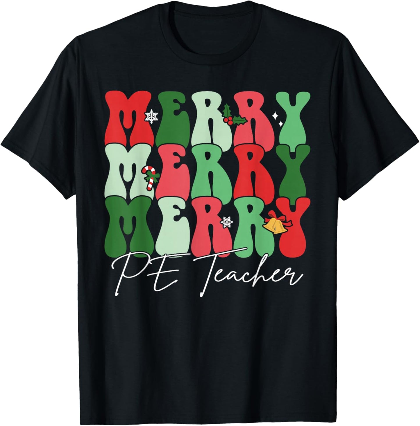 Groovy Merry PE Teacher Santa Christmas Pajama Holiday T-Shirt - T-Shirt | Black