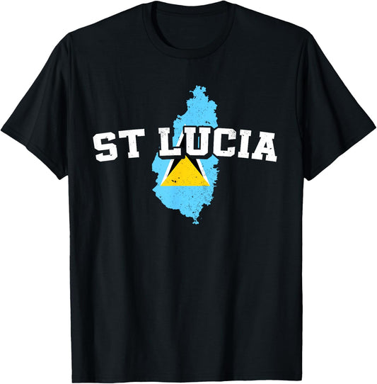 St Lucia Map and Flag Souvenir Saint Lucian T-Shirt - T-Shirt | Black