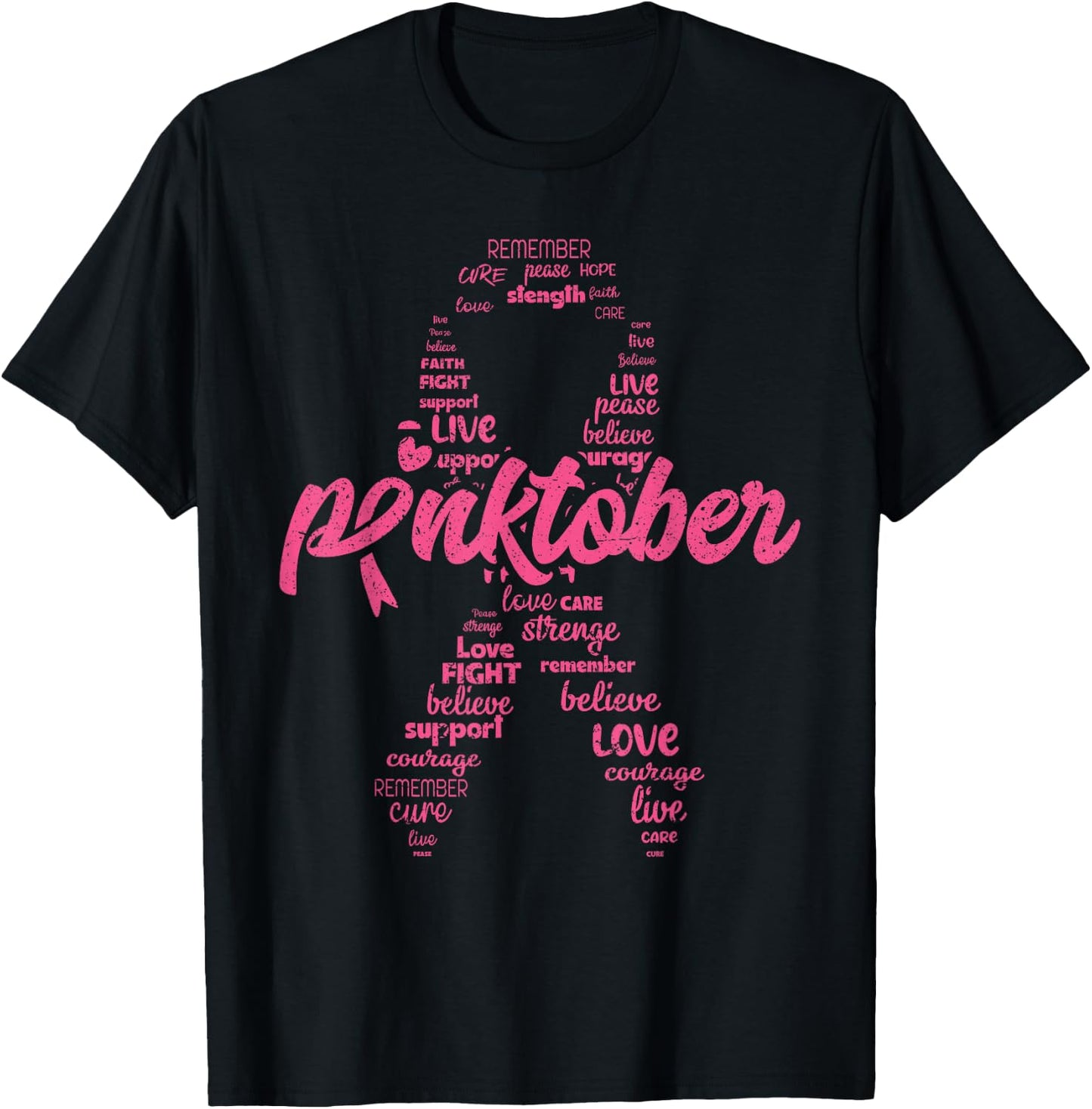 Pinktober Ribbon Breast Cancer Awareness Distressed Style T-Shirt - T-Shirt | Black