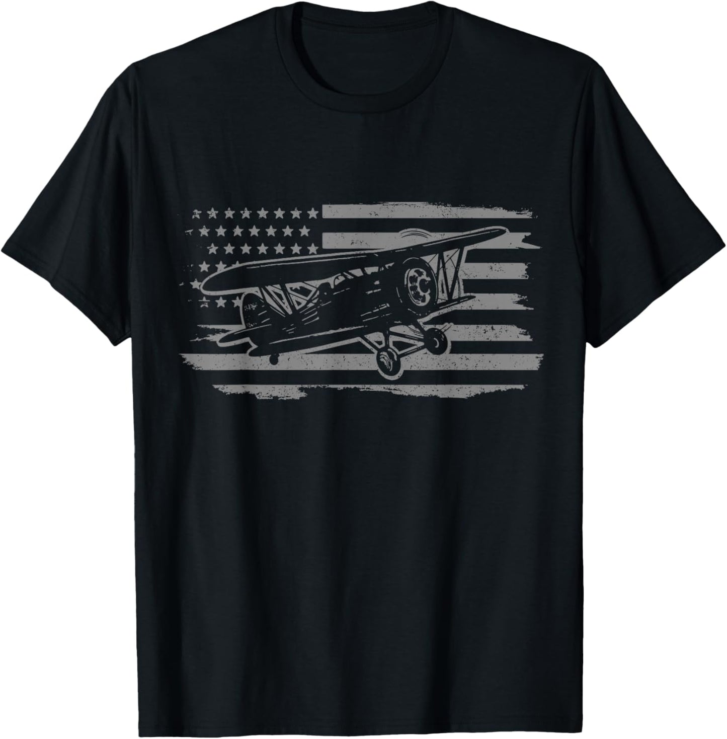 Airplane Pilot Vintage Patriotic Flag Biplane Plane Aviation T-Shirt - T-Shirt | Black